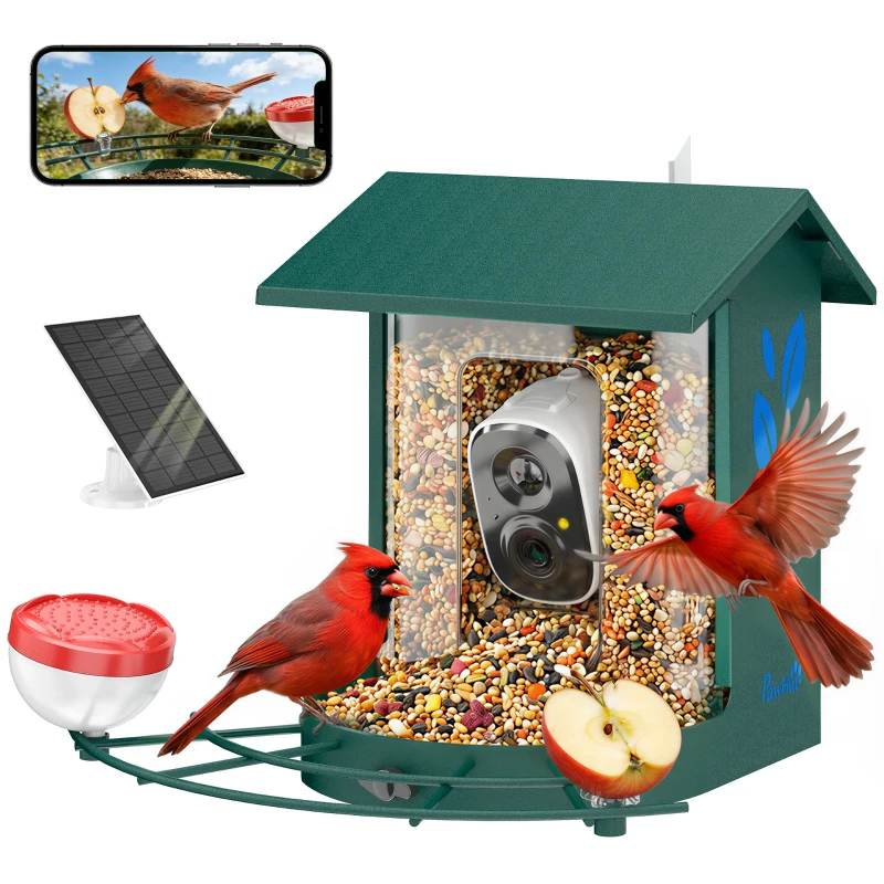 PawHut Mangeoire à Oiseaux avec Caméra 2K Solaire 2,5L 142°, Identification IA 16000+, App, IP65, SD 32 Go, 30x34,5x26,3cm Vert