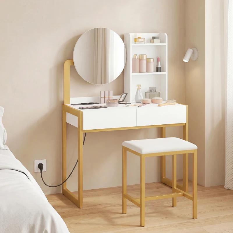 HOMCOM Tocador de Maquillaje con Espejo y Taburete Acolchado Estación de Carga 2 Cajones 3 Estantes para Dormitorio Blanco