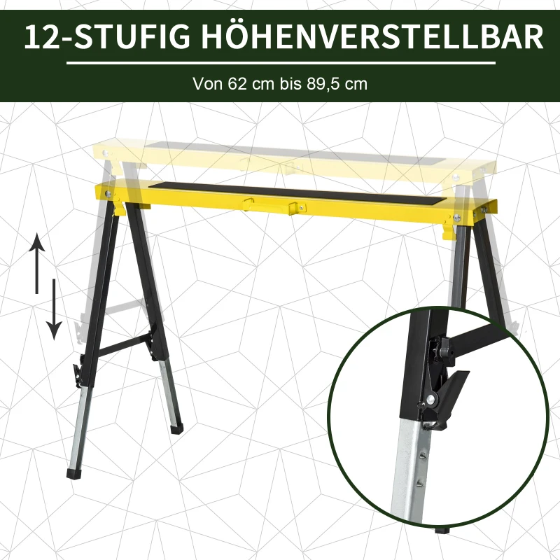DURHAND zaagbok set van 2 opvouwbare werkbokken, antislip staal, geel