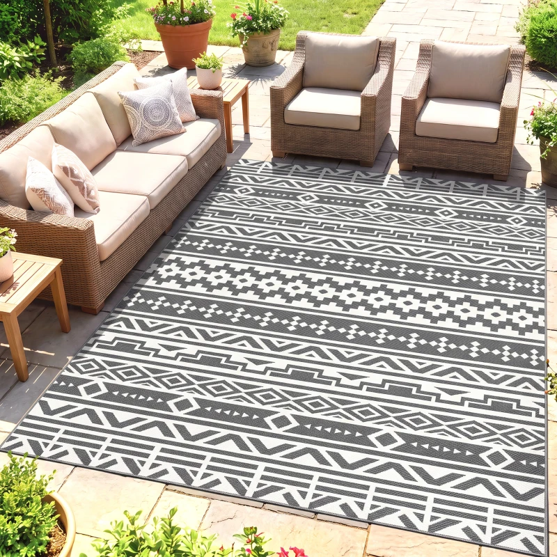 Outsunny Covor de Exterior Reversibil cu Model Geometric și Geantă Inclusă, 182x274 cm, Gri și Alb