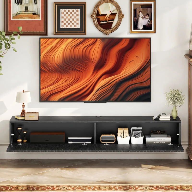 HOMCOM Meuble TV suspendu 140cm, meuble télé pour téléviseur 72 pouces, 2 portes rabattables, 140x25x22cm, noir