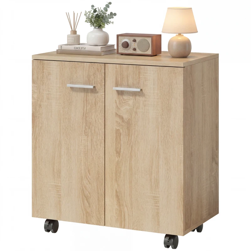 HOMCOM Aparador de Salón conRuedas 2 Puertas y Estantes para Sala de Estar Dormitorio Oficina 60x35x65 cm Natural