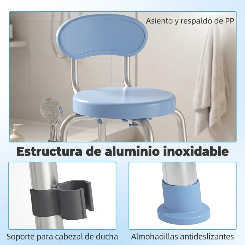HOMCOM Silla Ducha Personas Mayores Giratorio 360° con Respaldo Antideslizante Altura Regulable Silla de Baño de Aluminio Azul