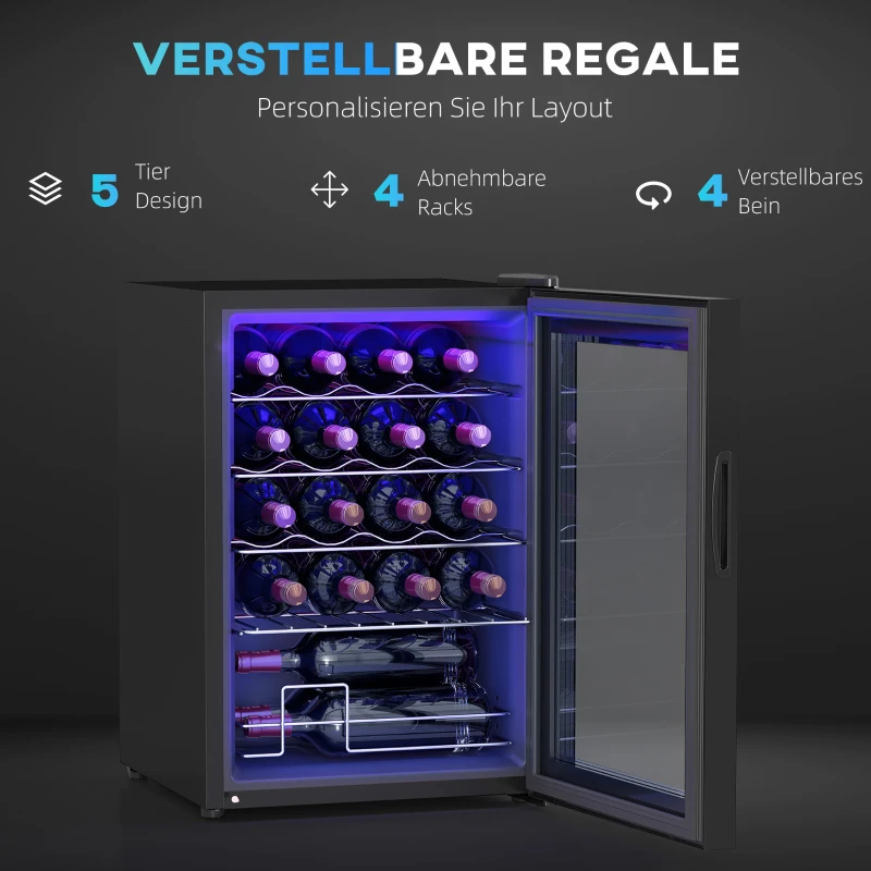 HOMCOM Kleine wijnkoelkast, mini-koelkast voor 20 flessen, 53 liter capaciteit, met glazen deur, LED-verlichting, zwart(m-6)