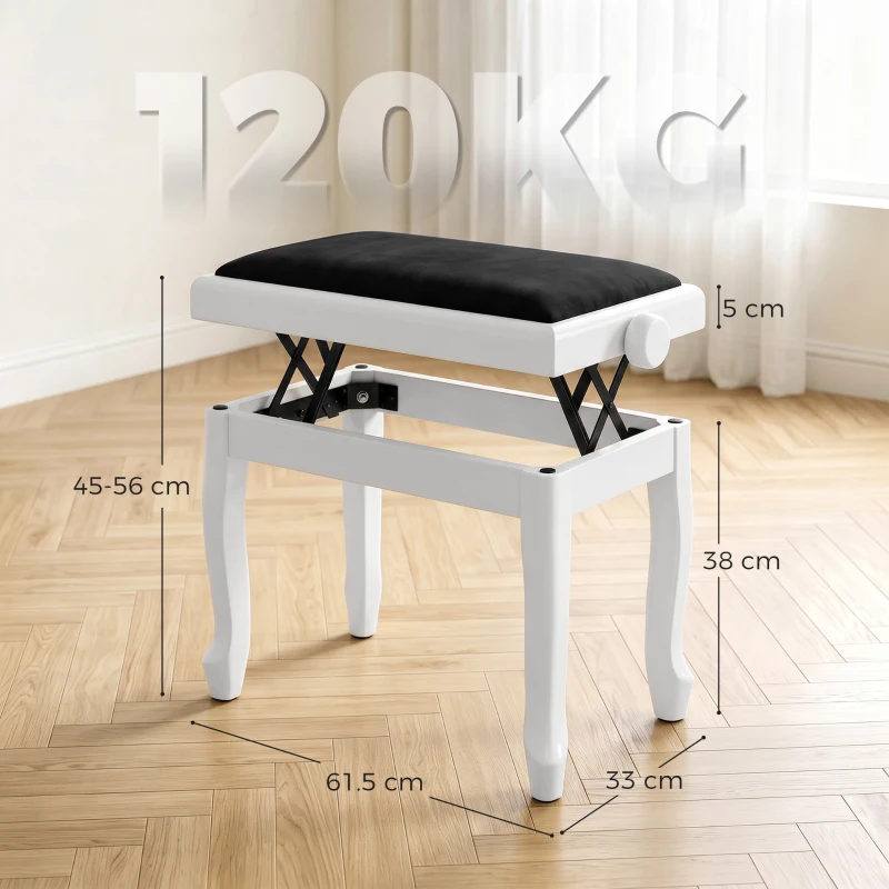 HOMCOM Banchetă de Pian Înălțime Reglabilă 45-56 cm Banchetă de Pian cu Șezut Catifea Picioare din Lemn Sarcină 120 kg Alb