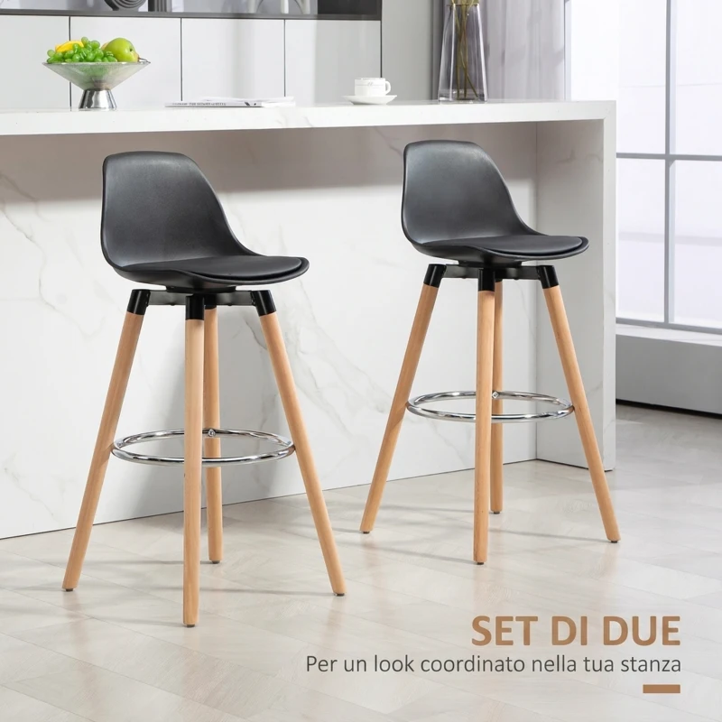 HOMCOM Set 2 Sgabelli Bar in PU Moderni, Sgabelli Cucina Alti con Schienale, Poggiapiedi in Acciaio, Seduta Alta 69 cm Imbottita, Gambe in Legno