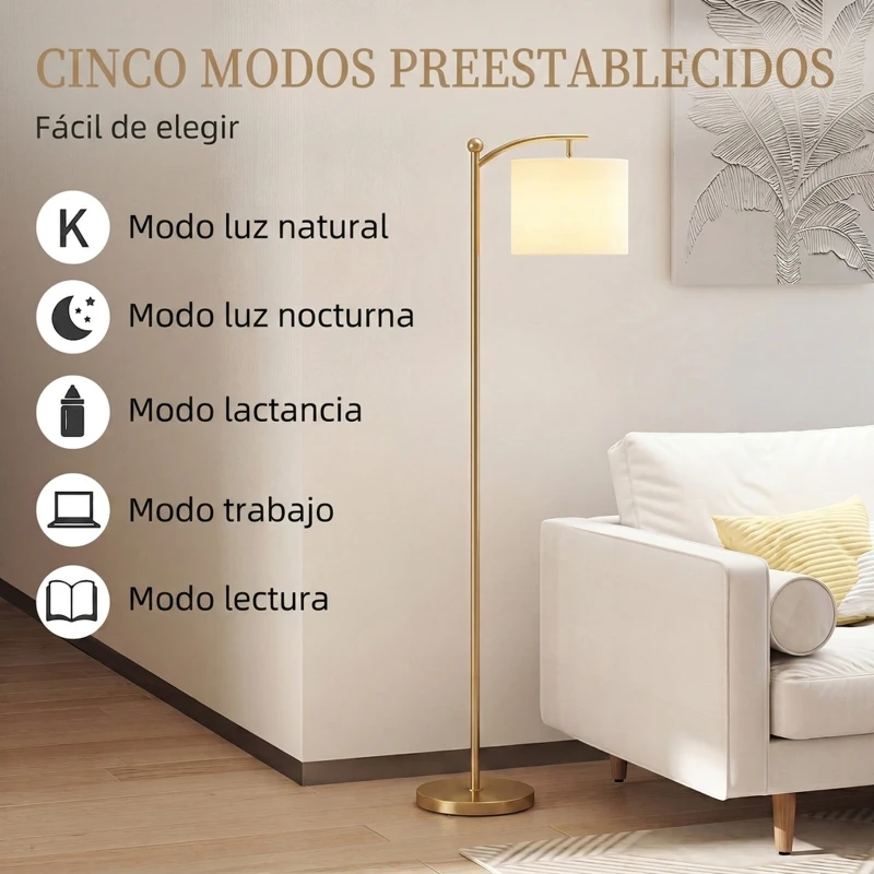 HOMCOM Lámpara de Pie LED Regulable con Temperaturas de Color Ajuste Continuo Control Remoto Temporizador de 60 Minutos Dorado