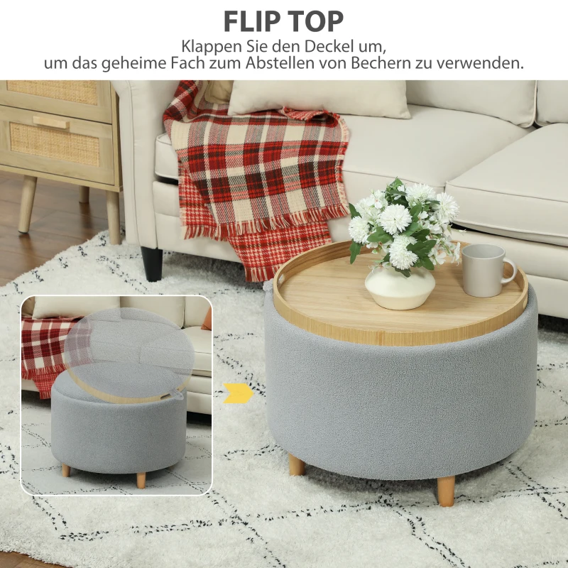HOMCOM Kruk Gepolsterde Kruk, Teddyfleece, Verborgen Opbergruimte, Omkeerbaar Deksel, 56 cm x 56 cm x 42 cm, Grijs