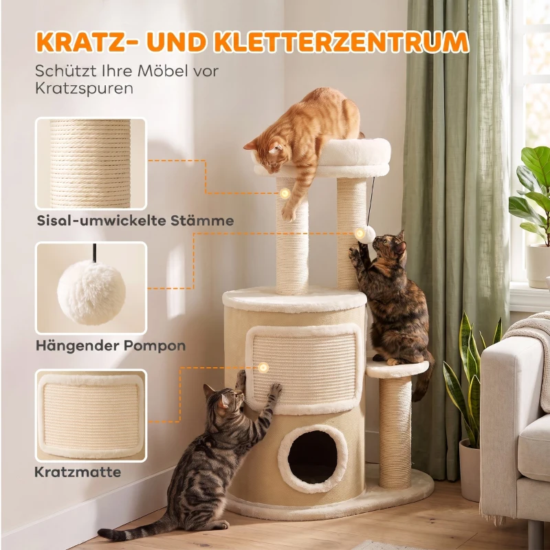 PawHut Drapak z 2-poziomową kryjówką, słupami sizalowymi, platformą, matą sizalową i pomponem, dla kotów do 5 kg