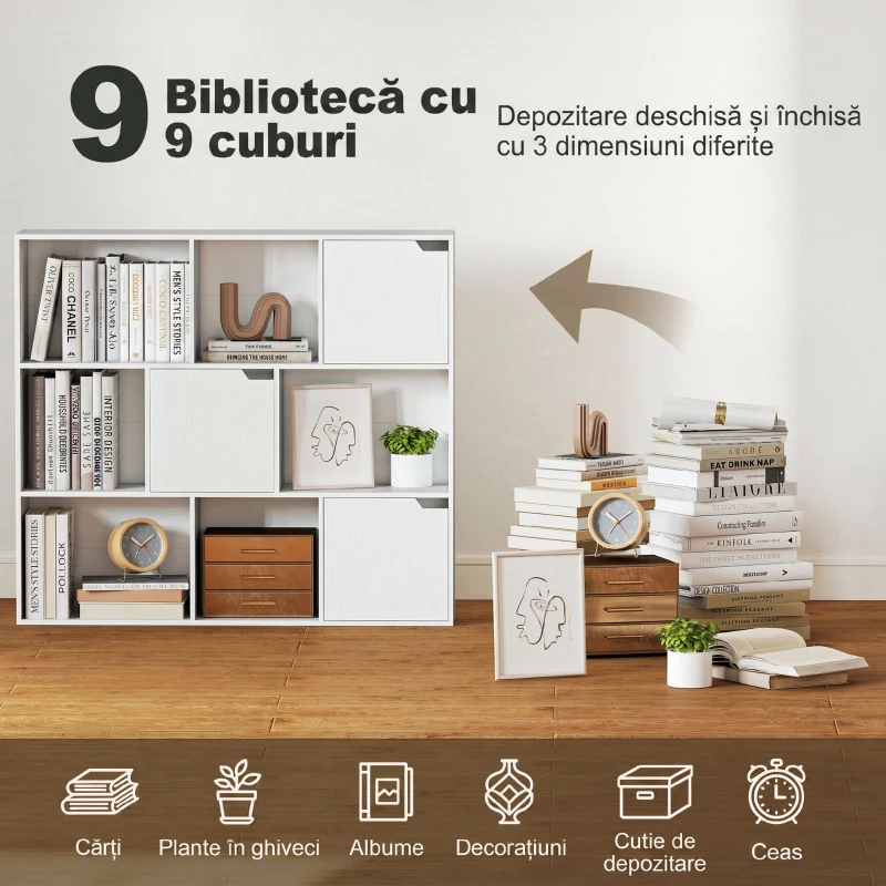 HOMCOM Bibliotecă modulară cu 6 secțiuni deschise și 3 închise, din lemn alb, 106x24x95 cm