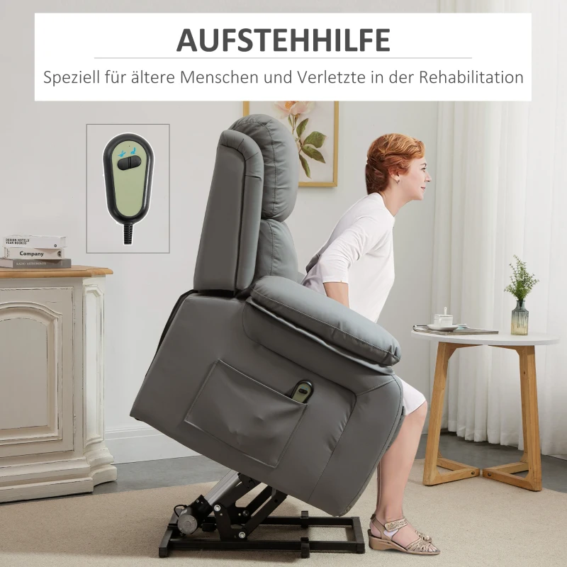 HOMCOM Elektrische opsta-fauteuil, afstandsbediening, kunstleerbekleding, gestoffeerde fauteuil met opsta-functie, Grijs