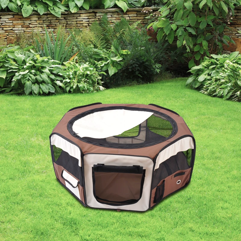 PawHut Parc enclos pliable pour chien chat petits animaux octogonal en tissu Oxford et acier Ø 90 x 41H cm marron beige