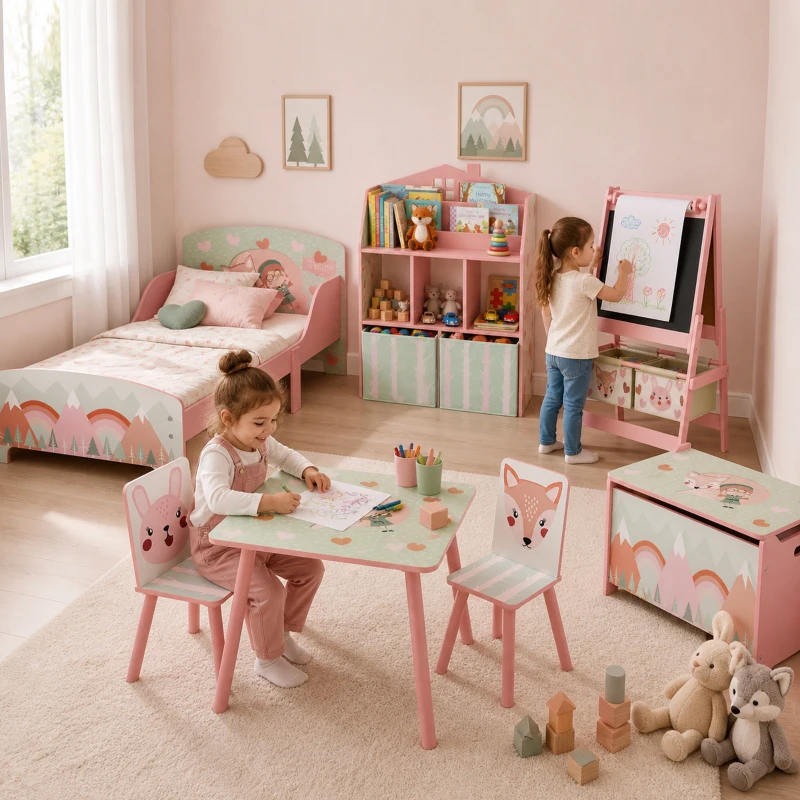 ZONEKIZ Lit pour enfant 3-6 ans avec barrières de sécurité et motifs dim. 77 x 143 x 60 cm sommier à lattes inclus - rose
