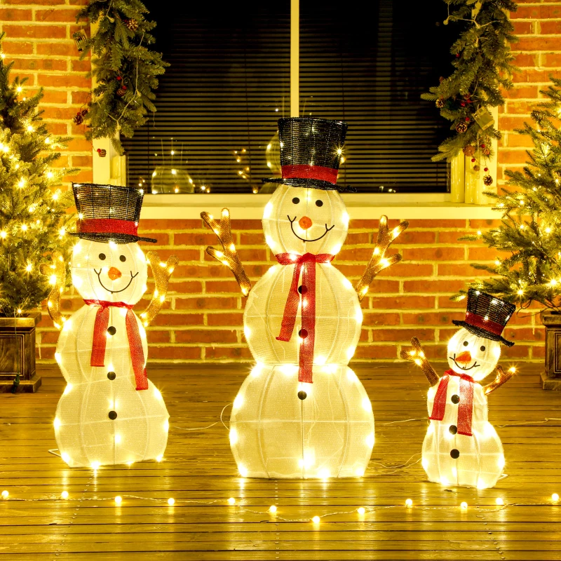 Outsunny 3-delige feestelijke sneeuwmanfamilie, buitendecoratie, LED-lampjes, grondpennen, waterdicht, staal, polyester, wit