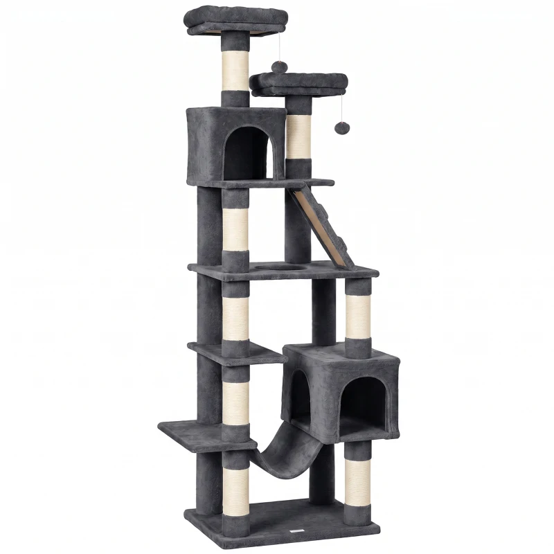 PawHut Árbol Rascador para Gatos 204 cm Multinivel con 2 Cuevas Hamaca 2 Camas Postes de Sisal Escalera 2 Bolas Gris Oscuro