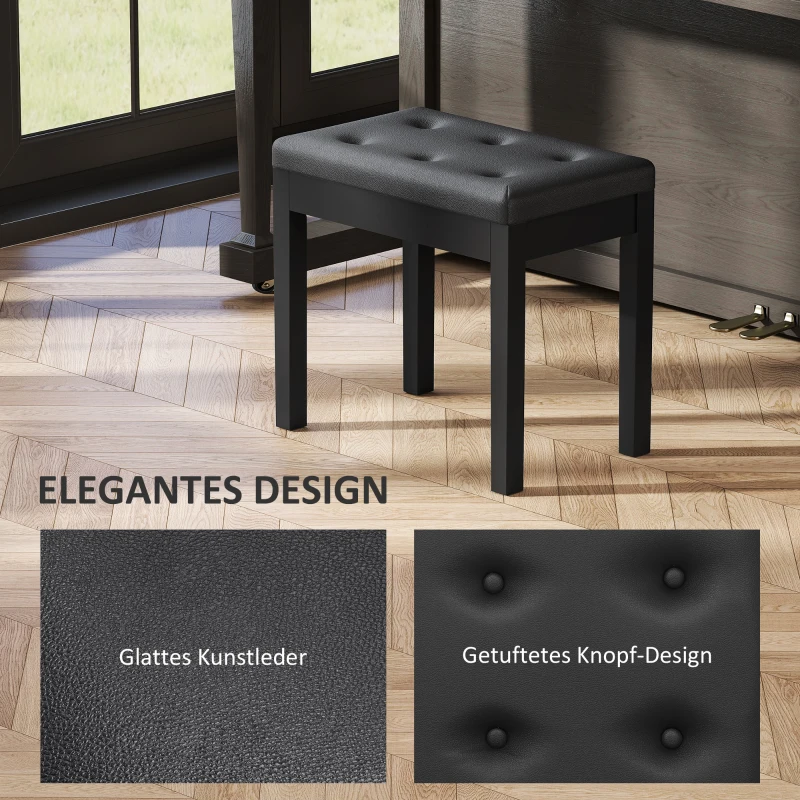 HOMCOM Pianokruk met Opbergruimte, Kunstleder Bekleed, Gestikte Knopen, Rubberhouten Poten, Zwart