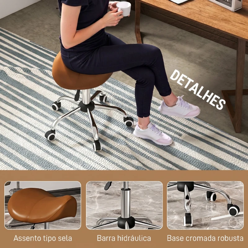 HOMCOM Banco Giratório com Rodas e Altura Ajustável para Estética, Dentista e Cabeleireiro – 52x53x49-61 cm, Castanho