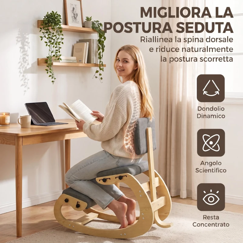 HOMCOM Sedia Ergonomica Inginocchiata in Tessuto Effetto Lino e Compensato di Betulla, Grigio