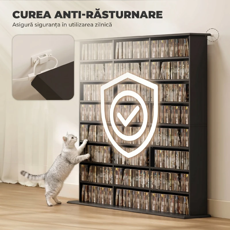 HOMCOM Dulap Suport Cd/dvd, Bibliotecă Con 8 Rafturi E 18 Rafturi Regolabili, Negru