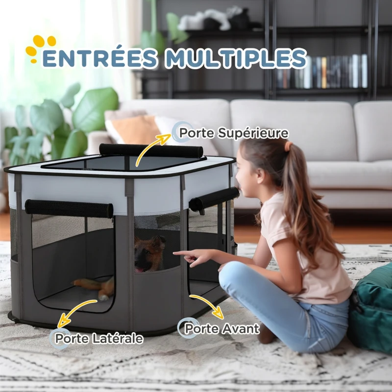 PawHut Parc enclos pliable pour chien chat petits animaux en tissu Oxford avec rangement 84 x 64 x 53 cm gris et noir(m-5)