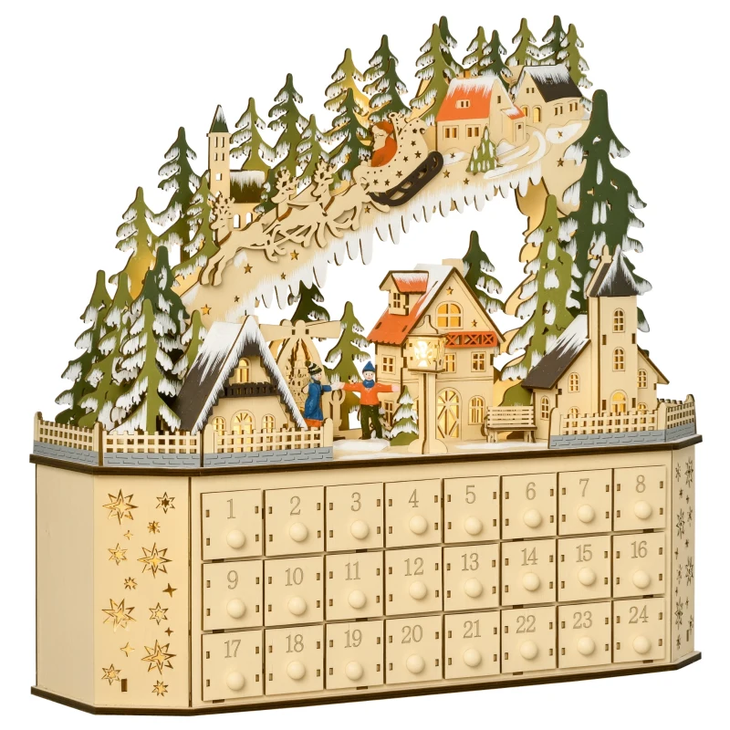 HOMCOM adventskalender met 24 vakken op te vullen kerstkalender met LED-verlichting adventskalenderbox kerstdecoratie doe-het-zelf MDF-blad naturel hout 45 x 13 x 43 cm