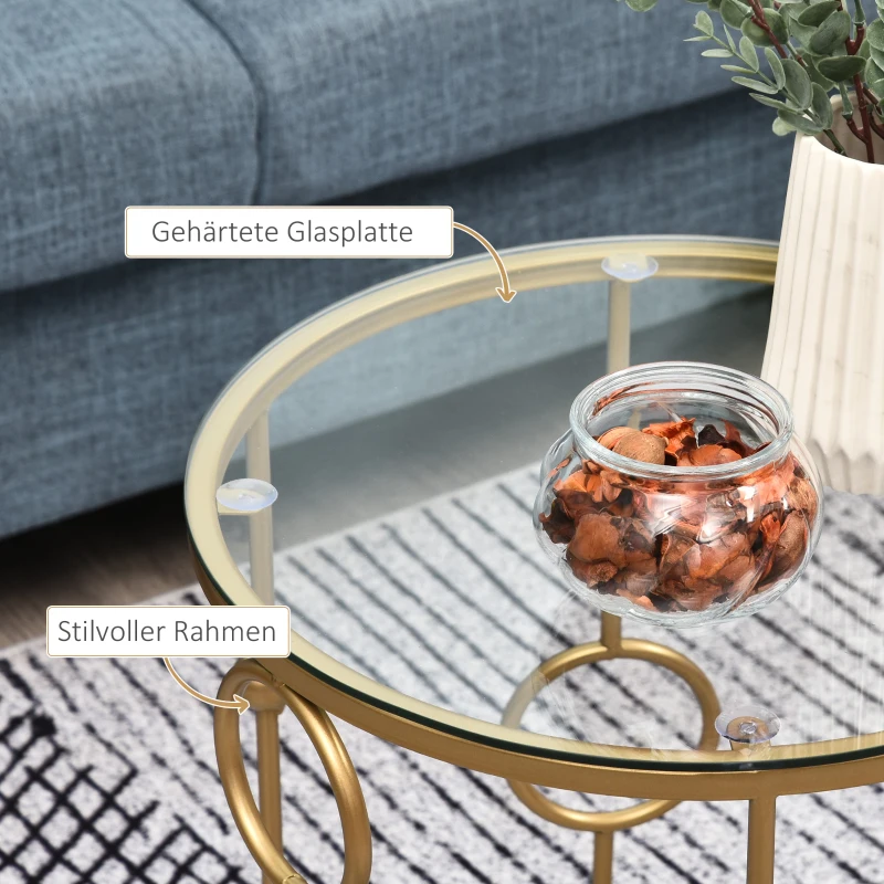 HOMCOM 2-delig Salontafelset, Bijzettafel met Glazen Blad, Woonkamer Tafel met Reifen- en Kogelontwerp Ø41 x 57 cm, Goud