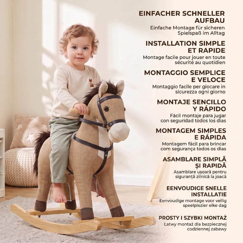AIYAPLAY Schaukelpferd mit Sound und Sicherheitsgriffen, Reitpferd mit Holzgestell für Kleinkinder von 12–36 Monaten, Dunkelbraun