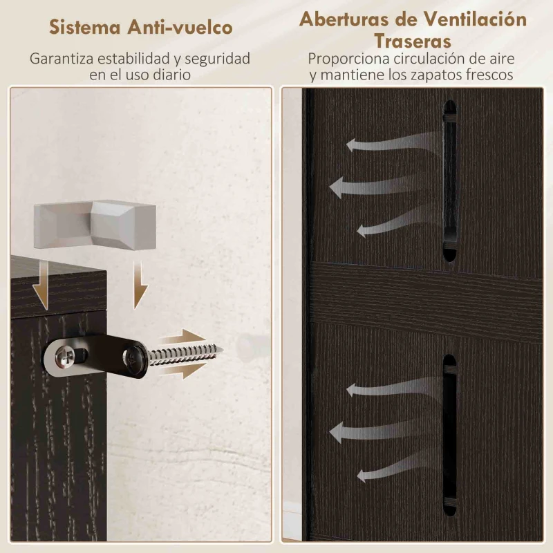 HOMCOM Zapatero Entrada Recibidor con 2 Puertas con Cierre Suave y Estantes Ajustables para 20 Pares de Zapatos Negro Brillo