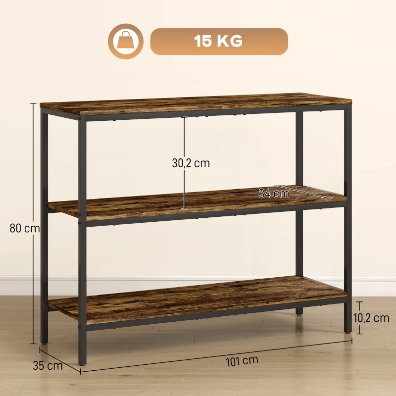 HOMCOM Console Tafel, Bijzettafel met 3-niveaus Rek, Spaanplaat, Metaal, Lichtbruin