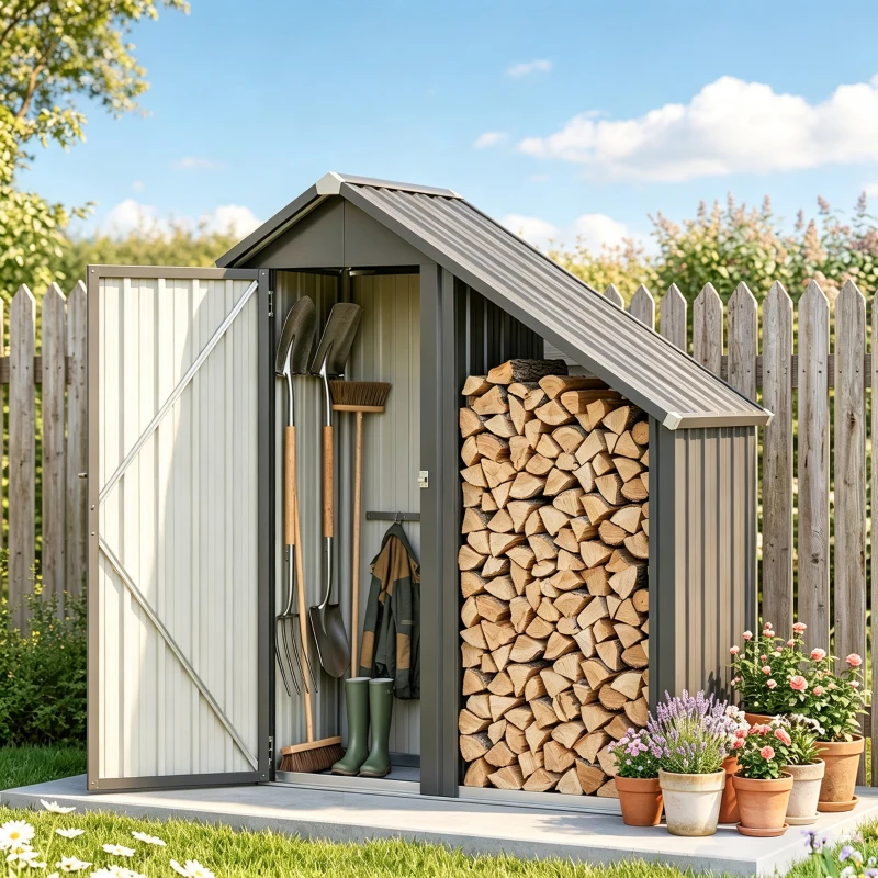 Outsunny Portalegna da Esterno con Armadietto Porta Attrezzi in Acciaio, 150x66x162 cm, Grigio Scuro