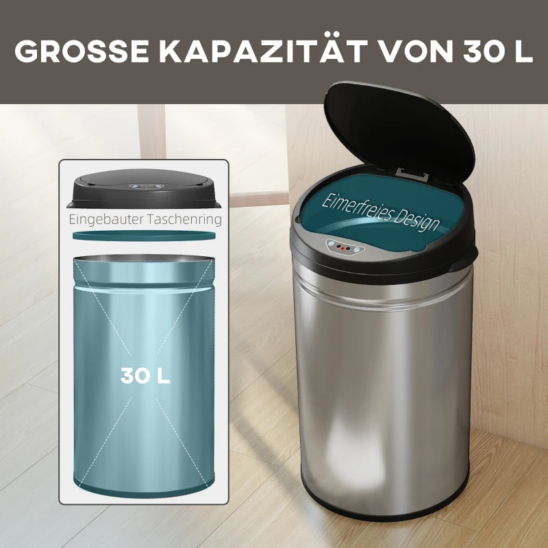 HOMCOM 30 Liter Sensor-Prullenbak met Soft-Close functie, contactloze afvalbak van roestvrij staal voor hygiënische keukens