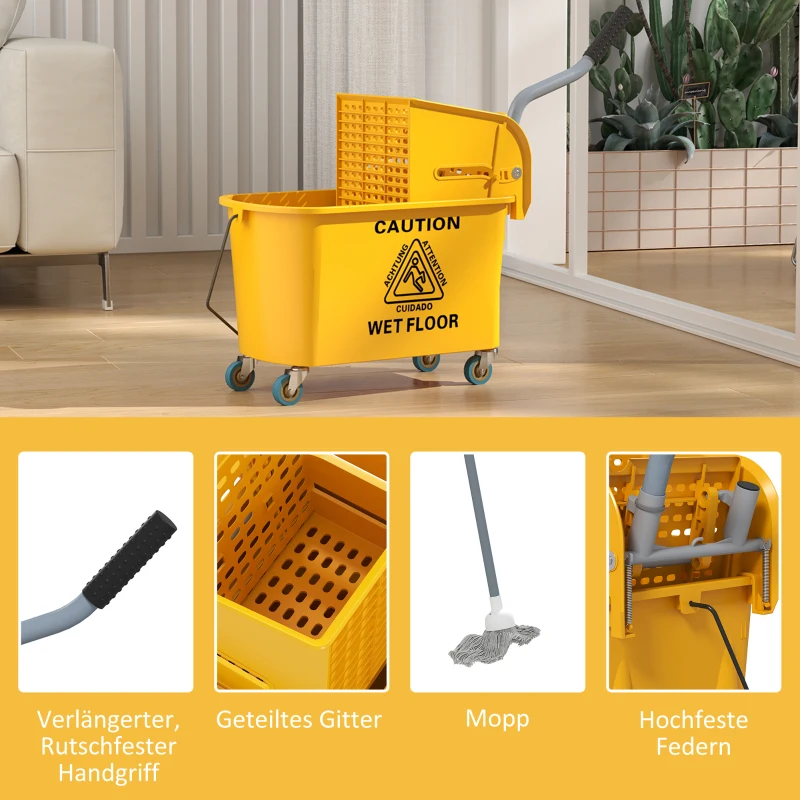 HOMCOM Schoonmaakwagen 20L Poetswagen met Pers en Veegset, Emmer incl. Mop, Rol(m-8)