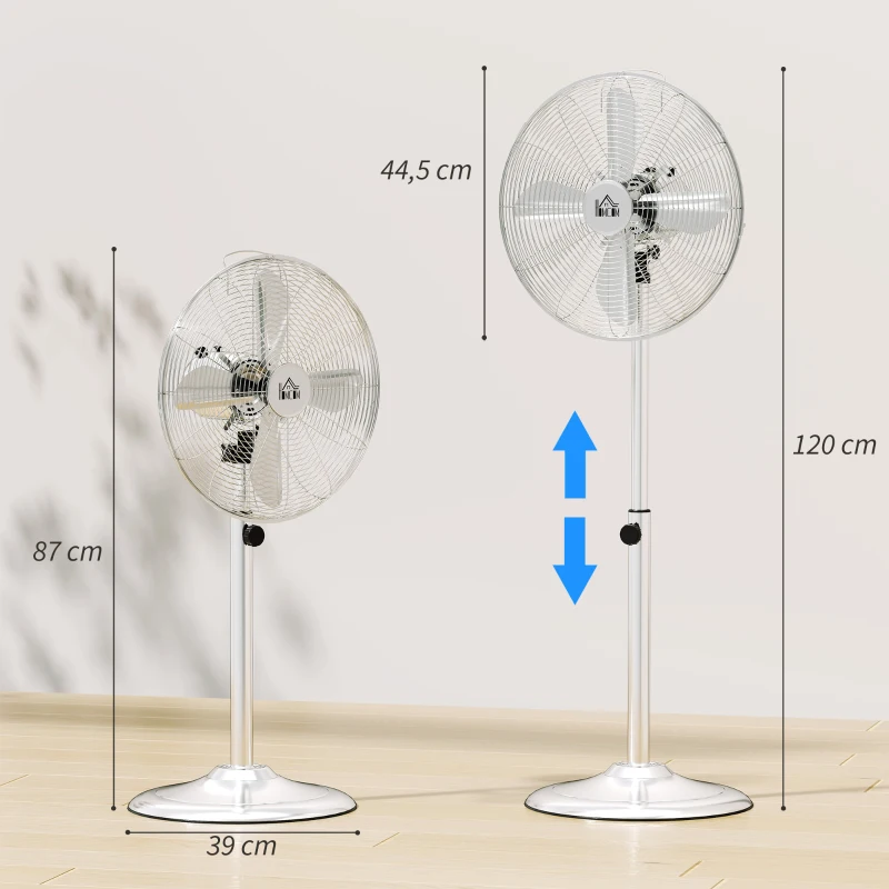 HOMCOM Statiefventilator ventilator in hoogte verstelbaar 3 snelheden staal zilver