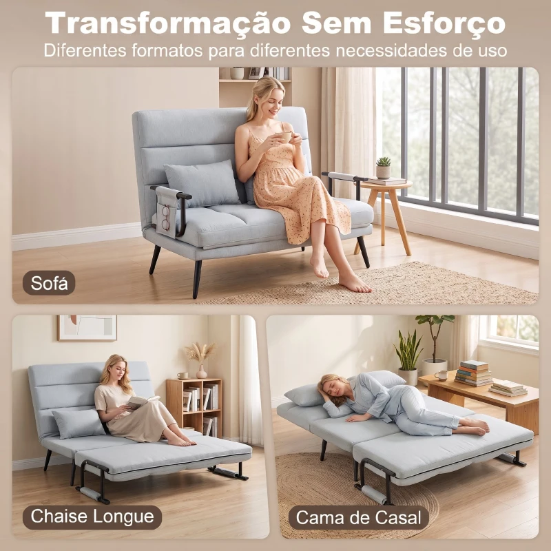 HOMCOM Sofá-cama de 2 Lugares 3 em 1 em Tecido Efeito Linho com Encosto Ajustável Click-Clack, Cinzento-claro