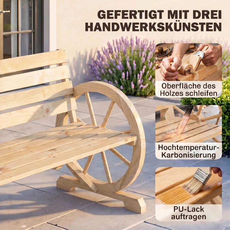 Outsunny Gartenbank, Wagenrad-Design, für 2 Personen, Naturholz, dunkelbraun, 105,5 x 56 x 79 cm, Natur