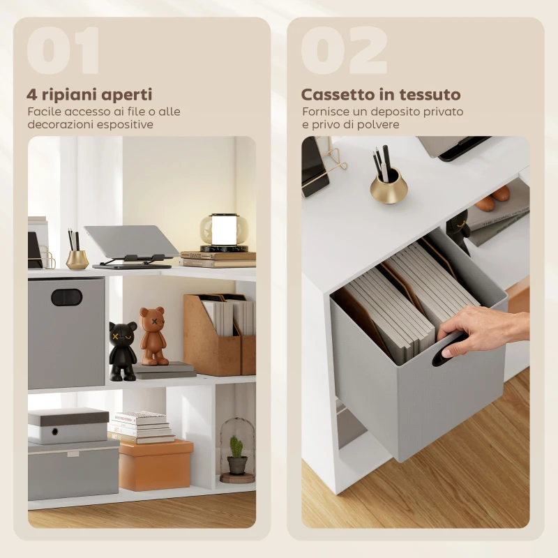 HOMCOM Scrivania Angolare Moderna con Scaffale e Cassetto in Tessuto, 110x100x75 cm, Bianco