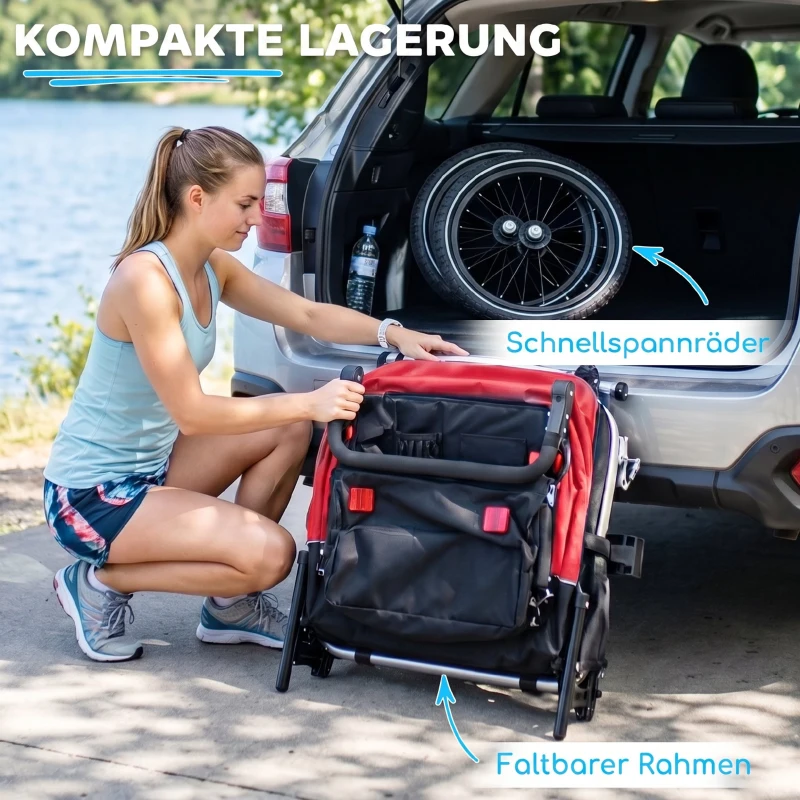 AIYAPLAY Fahrradanhänger für Kinder, 2-Sitzer, 2-in-1 faltbarer Kinderfahrradanhänger mit verstellbarem Sitz und Gurten, Rot