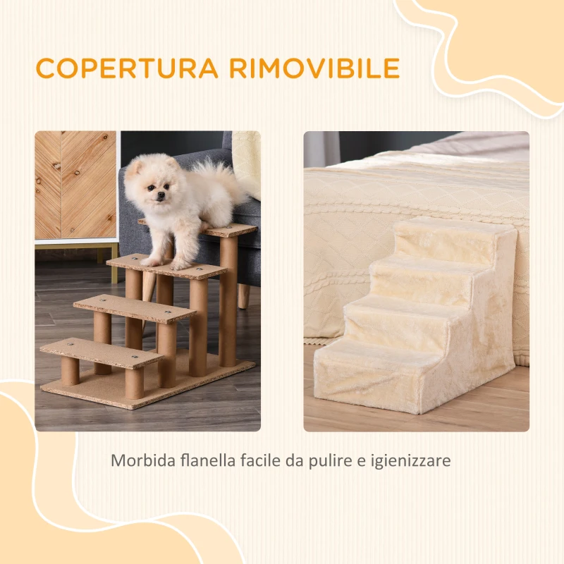 PawHut Scaletta per Cani Portatile a 4 Gradini, in Tessuto Vellutato Sfoderabile e Truciolato, 60x35x44 cm, Beige