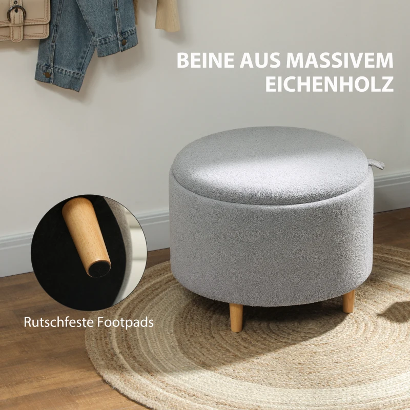 HOMCOM Kruk Gepolsterde Kruk, Teddyfleece, Verborgen Opbergruimte, Omkeerbaar Deksel, 56 cm x 56 cm x 42 cm, Grijs