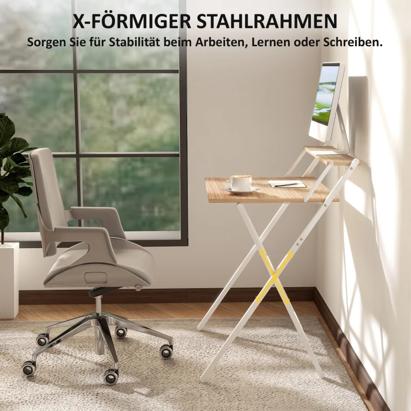 HOMCOM Biurko z podstawką pod monitor, 70 cm składane biurko komputerowe do home office, małe pomieszczenia, naturalne