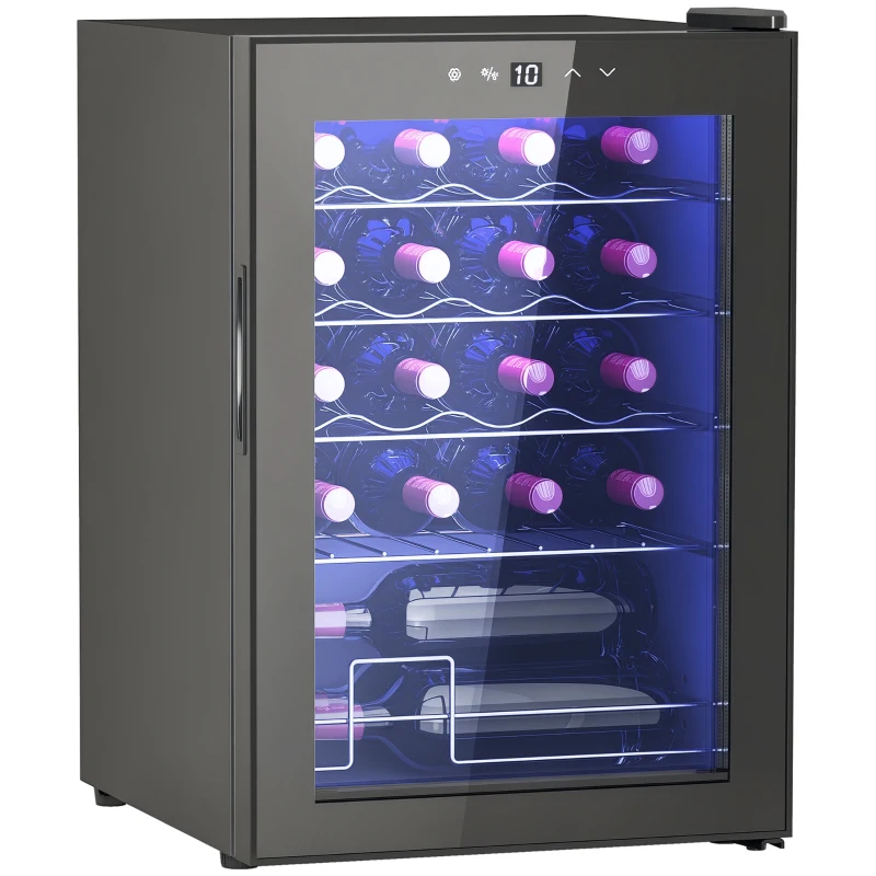 HOMCOM Kleine wijnkoelkast, mini-koelkast voor 20 flessen, 53 liter capaciteit, met glazen deur, LED-verlichting, zwart(m-11)