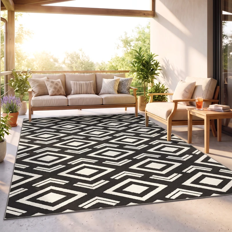 Outsunny Outdoor Teppich robuster Wetterfest Outdoorteppich mit Tragtasche, faltbar Carpet Boho-Style 182 x 274 cm Schwarz+Weiß