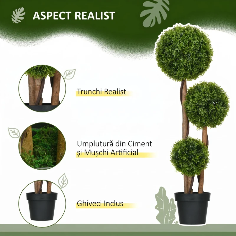 HOMCOM Plantă Artificială de Buxus cu 3 Ffere și Frunze de Bambus