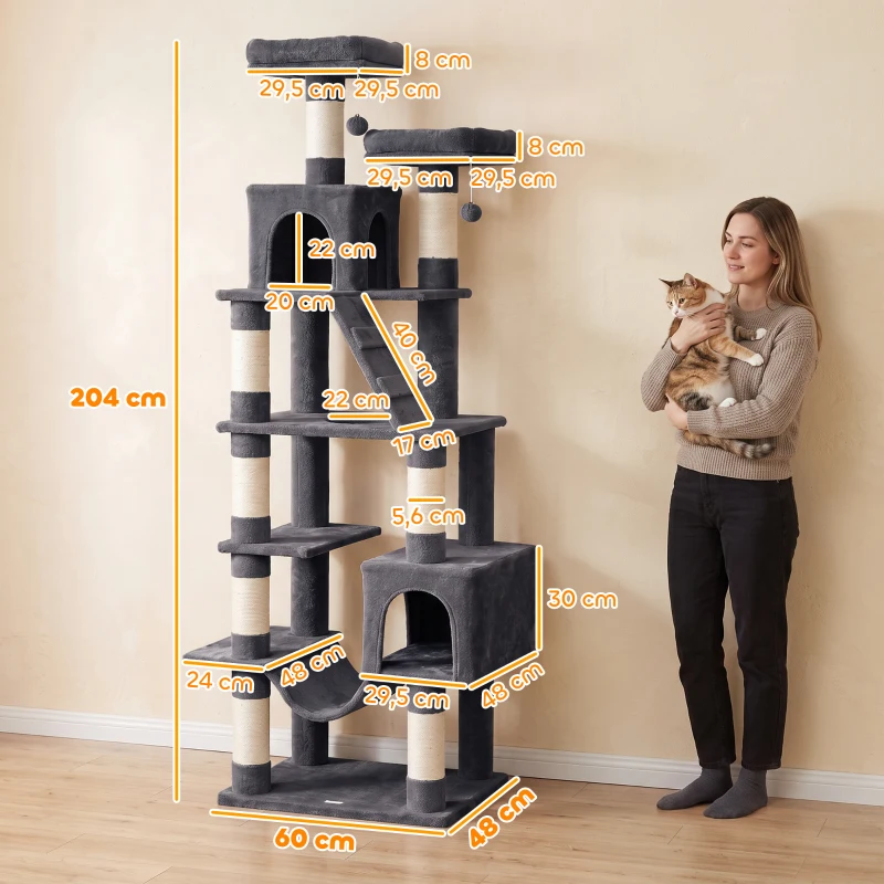 PawHut Árbol Rascador para Gatos 204 cm Multinivel con 2 Cuevas Hamaca 2 Camas Postes de Sisal Escalera 2 Bolas Gris Oscuro