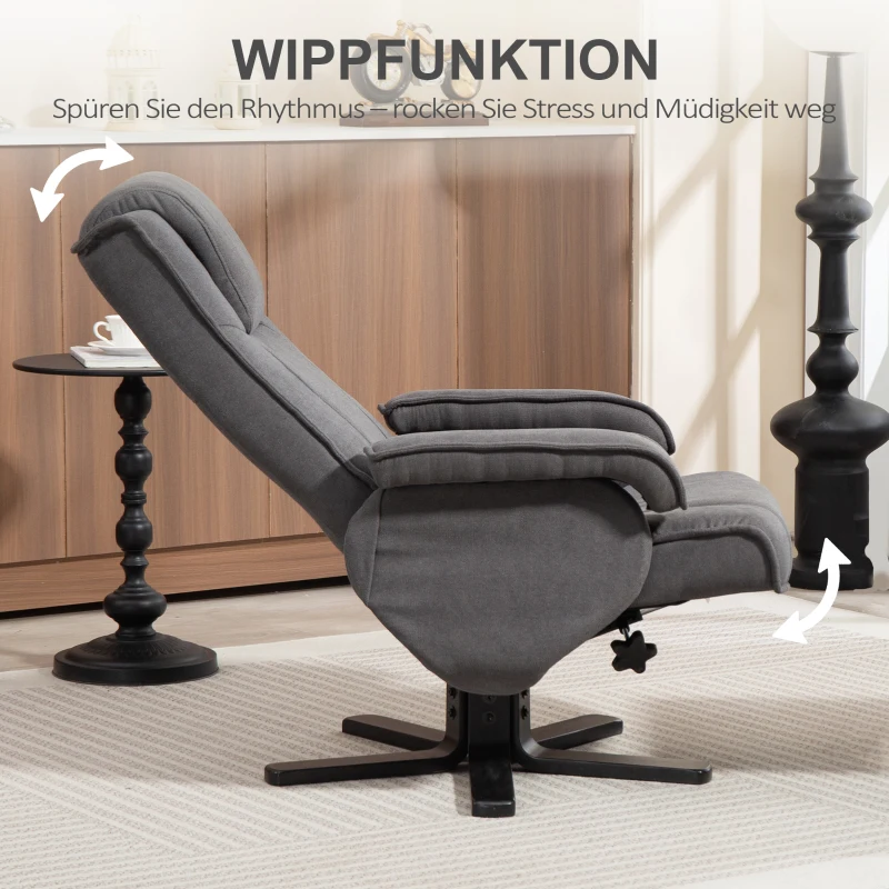 HOMCOM Schommelbare Relaxfauteuil met Voetenbank, Fluweelachtige Stof, Draaibare Gestoffeerde Stoel, Houten Frame, Grijs