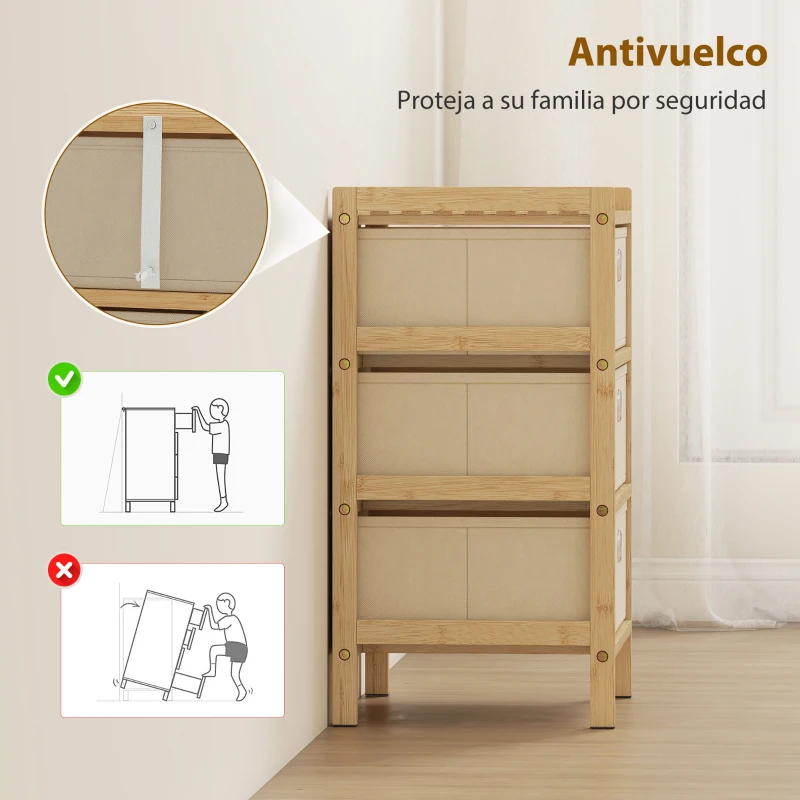 HOMCOM Cómoda con 3 Cajones de Tela Estructura de Bambú Cajonera para Espacios Pequeños Crema y Natural