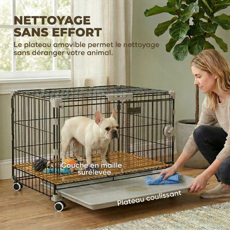 PawHut Cage pour Chien, Plateau Amovible, Roues avec Freins, Toit Ouvrant Verrouillable, 60,5x45,5x54,5cm, Noir