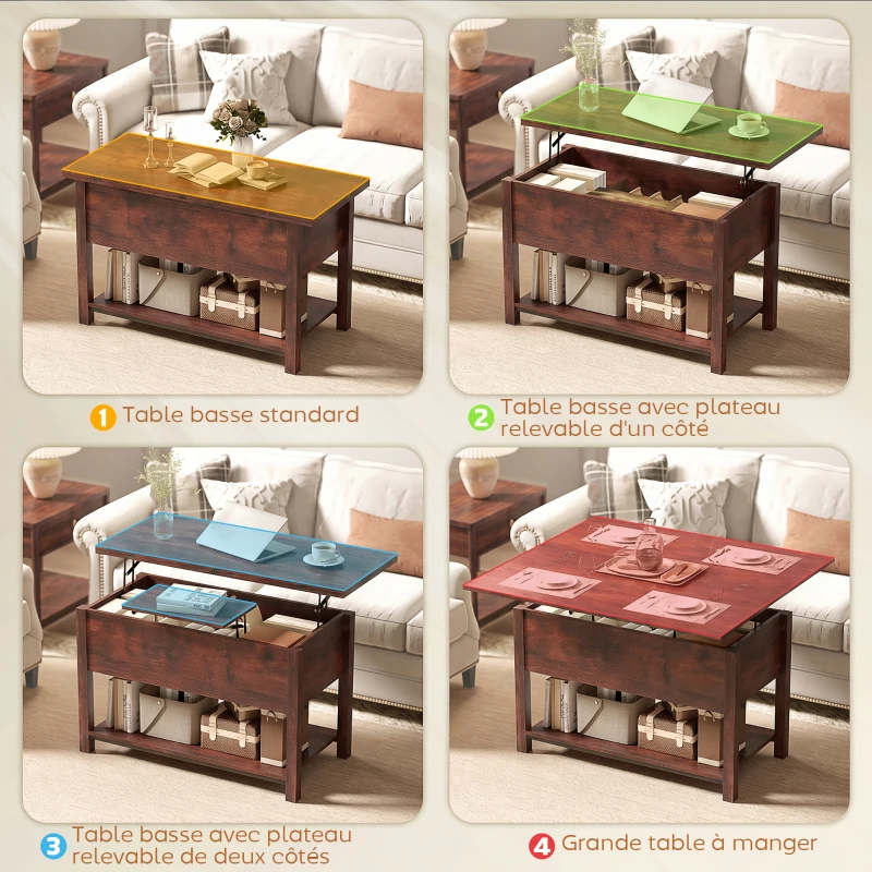 HOMCOM Table basse relevable et extensible table de salon avec compartiment caché étagère ouverte 100x45x50,5cm brun rustique(m-4)