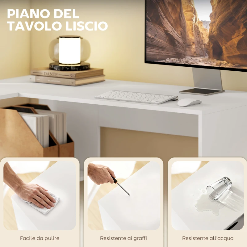 HOMCOM Scrivania Angolare Moderna con Scaffale e Cassetto in Tessuto, 110x100x75 cm, Bianco