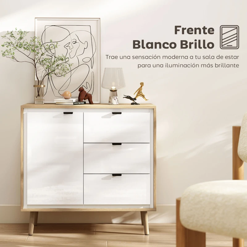 HOMCOM Aparador para Salón Moderno con Puerta 3 Cajones Estante Ajustable para Comedor Entrada 80x35x77 cm Blanco y Roble